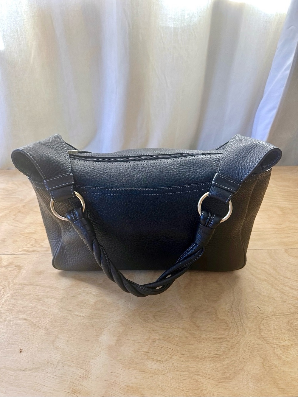 Talbots Black Genuine Leather Shoulder Bag Pebbled Hobo Braided Handle Purse